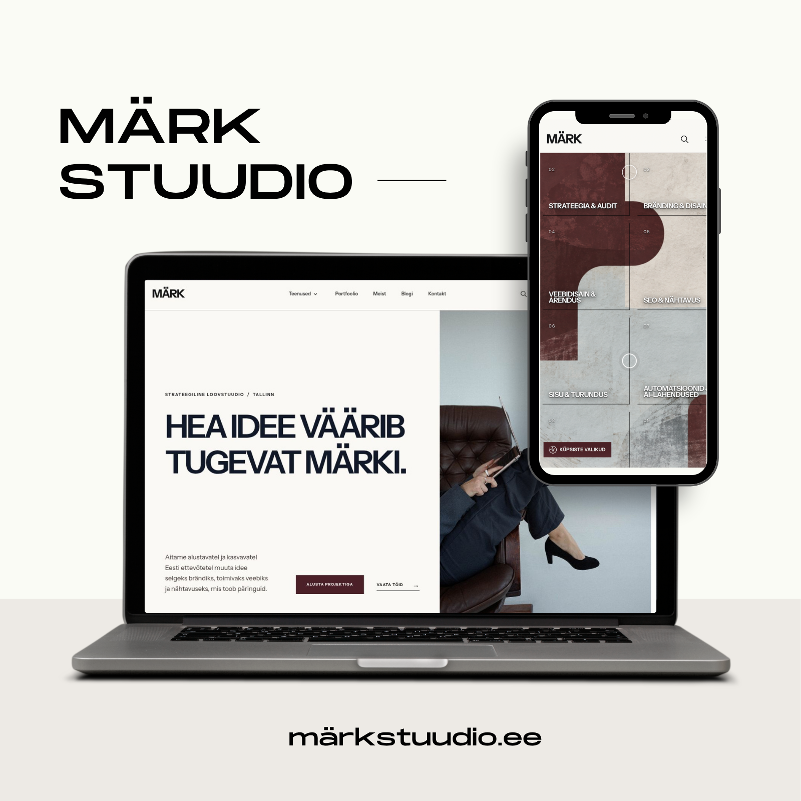 Märk Stuudio veebilehe kujunduse mockup, mis tutvustab brändi visuaalset identiteeti ja veebidisaini.