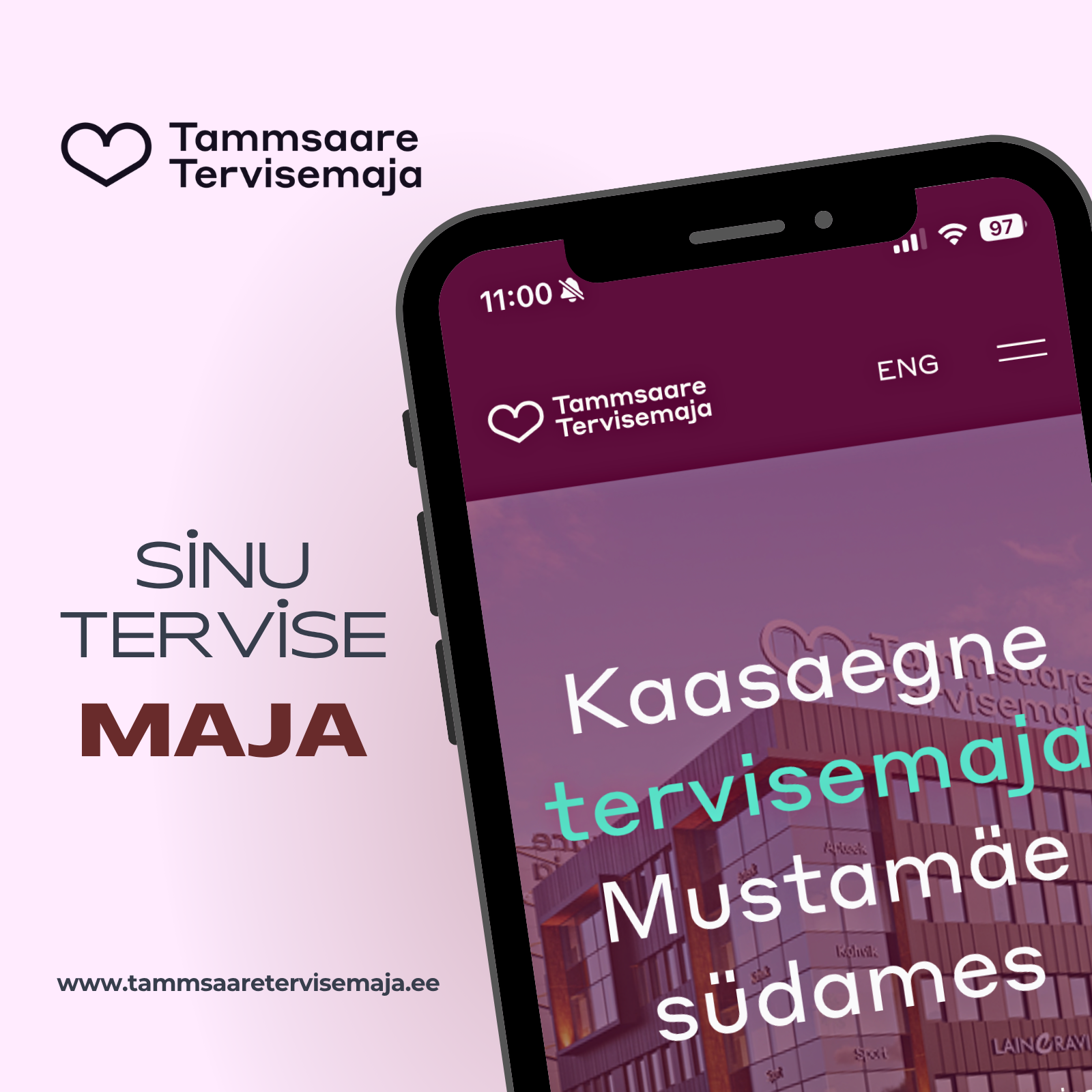 Tammsaare Tervisemaja veebilehe mobiilivaade telefonimockupis roosal taustal.